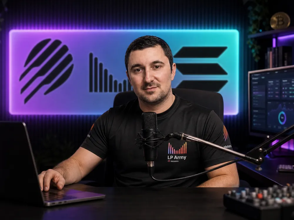 Michael Zogot at his studio desk, laptop and mic in front of a glowing MZ sign