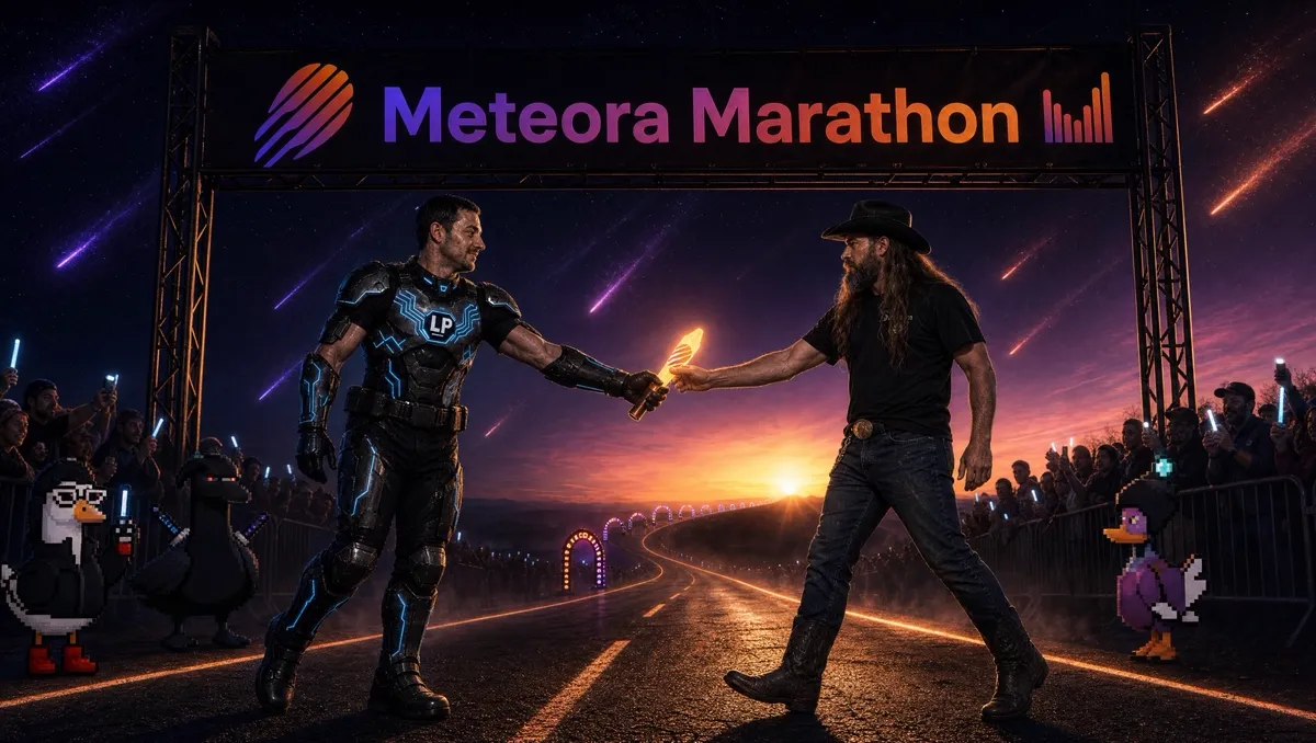 Meteora Marathon key visual: Michael in LP Army armor hands the torch to heavymetalcook under the start banner