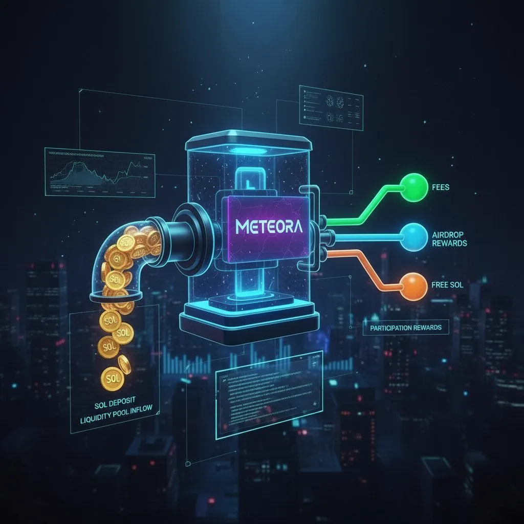 SOL coins flowing into a glowing Meteora machine with outputs labeled fees, airdrop rewards, and free SOL