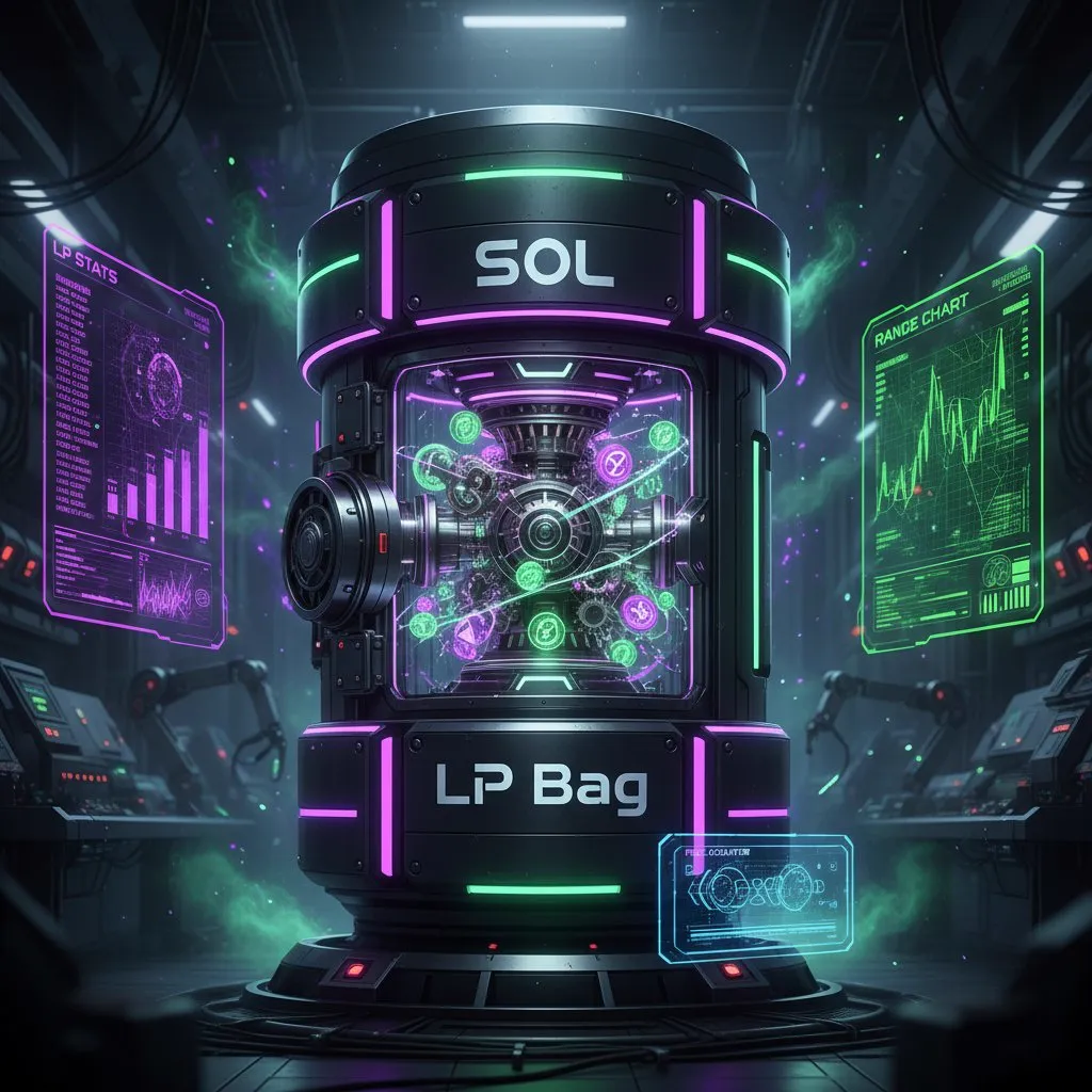 Futuristic canister labeled SOL LP Bag with gears inside, flanked by LP stats and a range chart