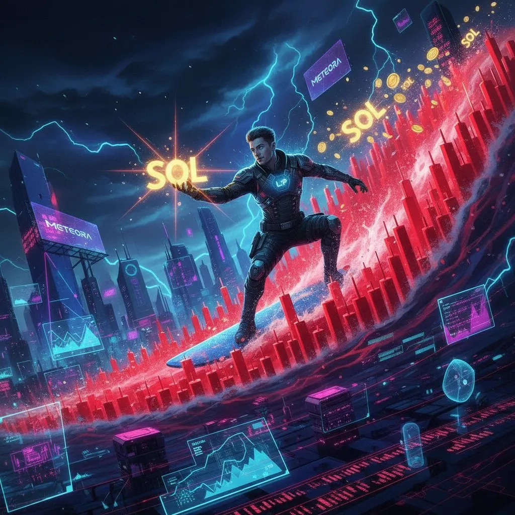 Armored figure holding a glowing SOL shield in front of a stormy candlestick chart