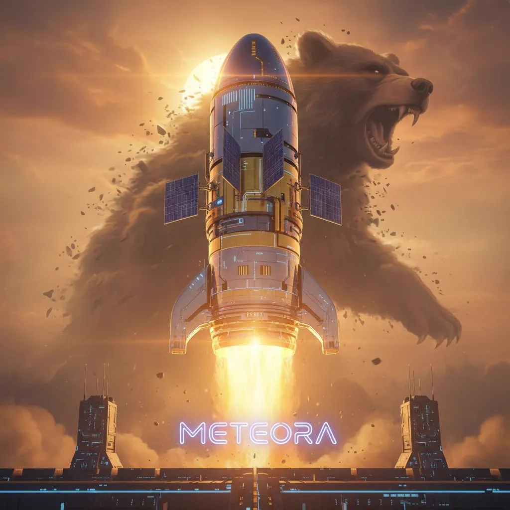 Rocket labeled Meteora launching in front of a giant bear-shaped cloud