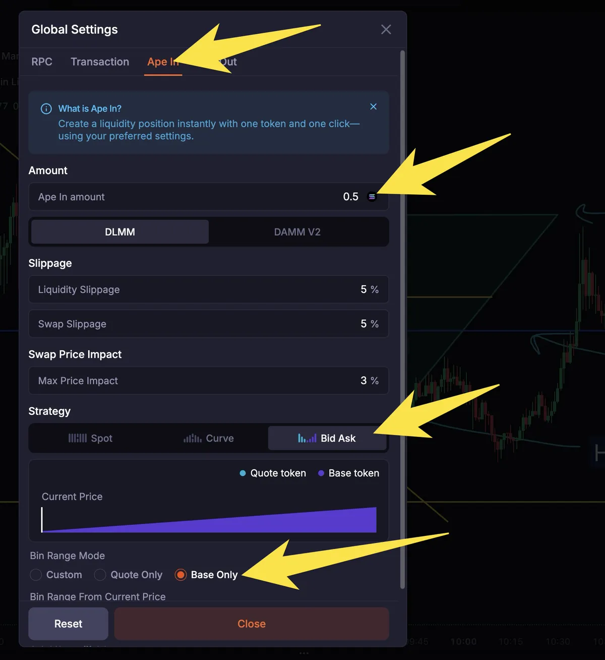 Meteora global settings on the Ape In tab with the amount set to 0.5 SOL, Bid Ask strategy and Base Only bin range mode highlighted