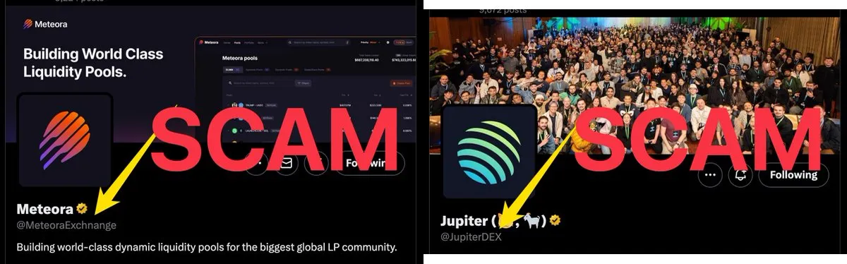 Два профиля в X, выдающие себя за Meteora и Jupiter, оба помечены SCAM, стрелки указывают на фейковые хендлы