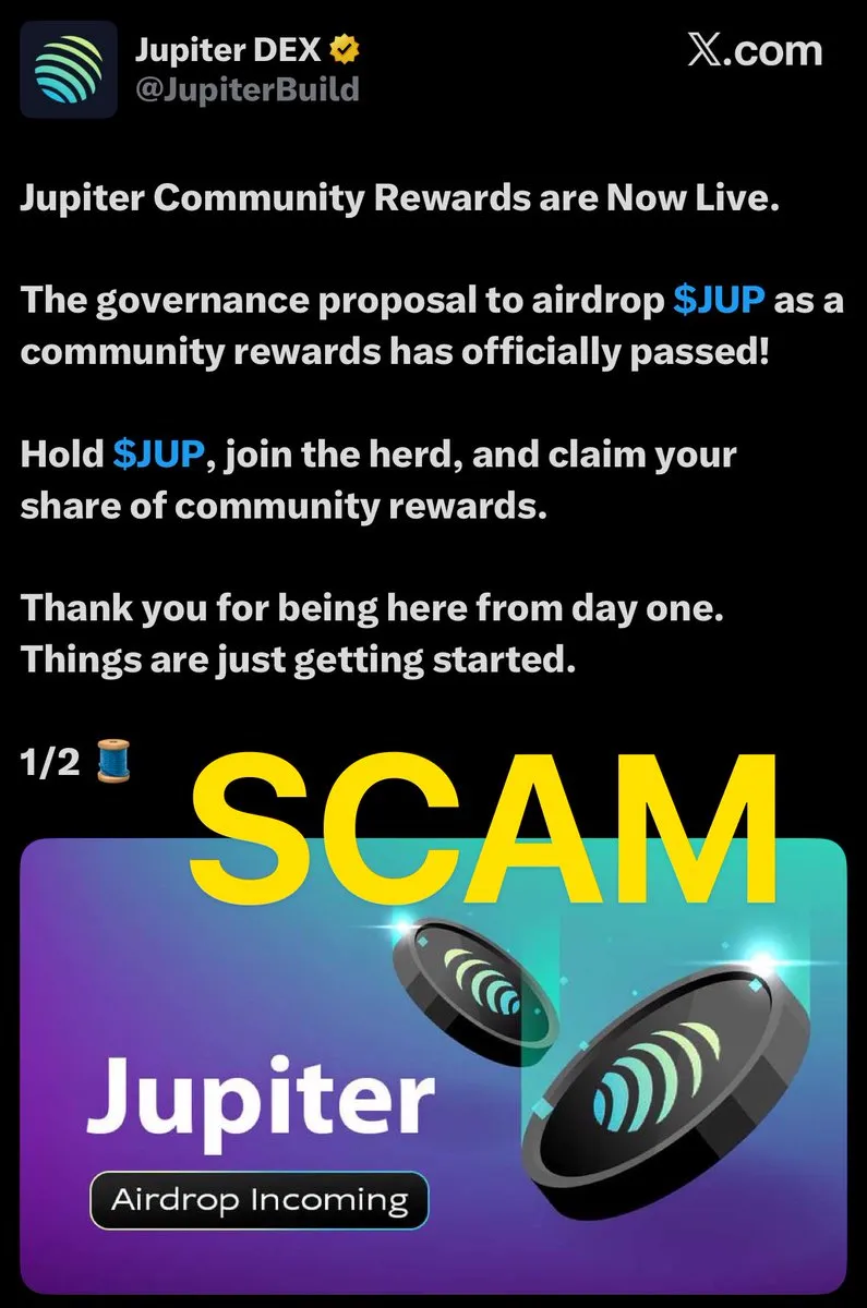 Фейковый пост в X от аккаунта с именем Jupiter DEX и хендлом JupiterBuild, который анонсирует аирдроп JUP, помечен SCAM