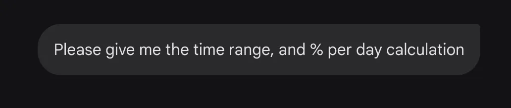 Chat prompt asking the AI for the time range and a % per day calculation