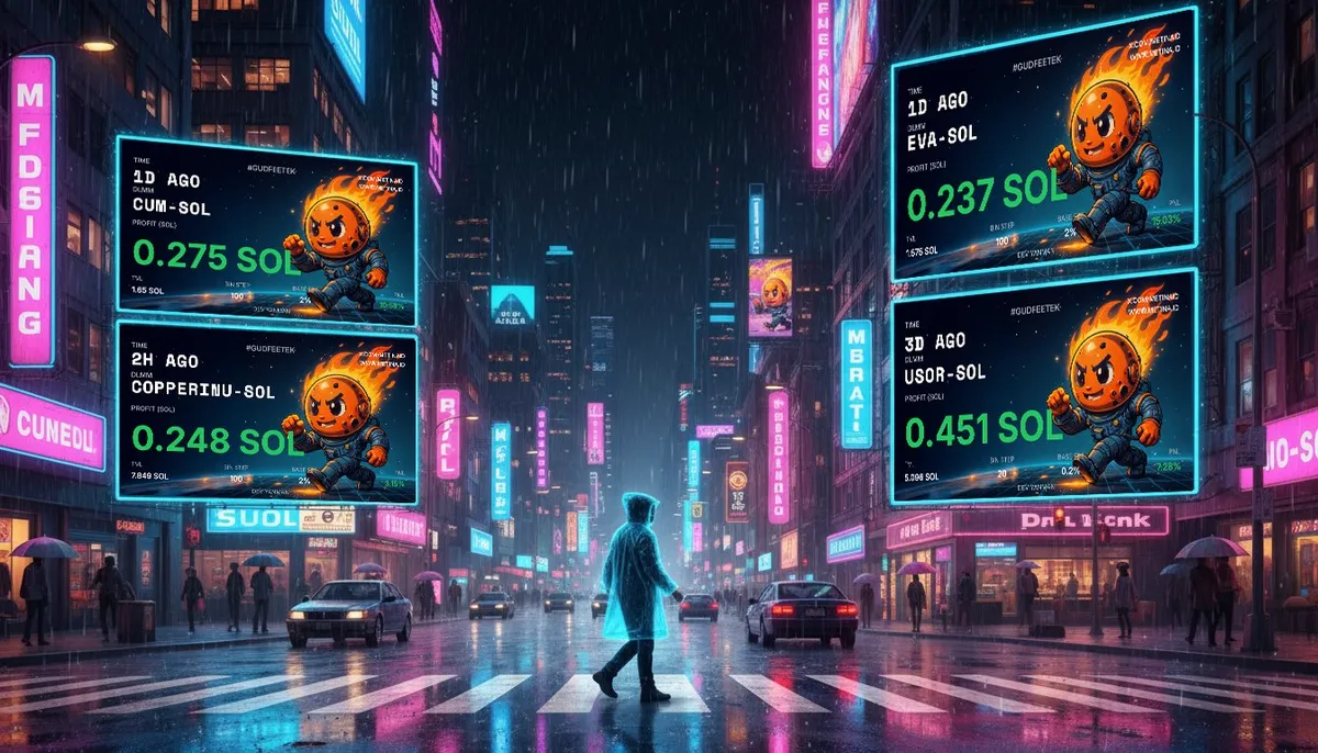 Illustration of a rainy neon city with LP position cards glowing on billboards, each showing its profit in SOL
