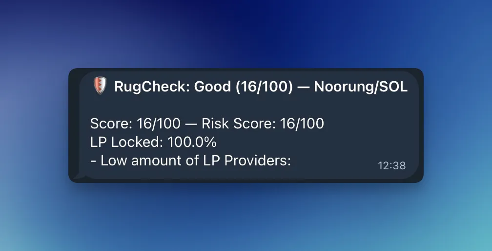 Уведомление в Telegram от DLMM Alert с оценкой RugCheck для пула Noorung/SOL: оценка риска 16 из 100 и LP заблокирован на 100%
