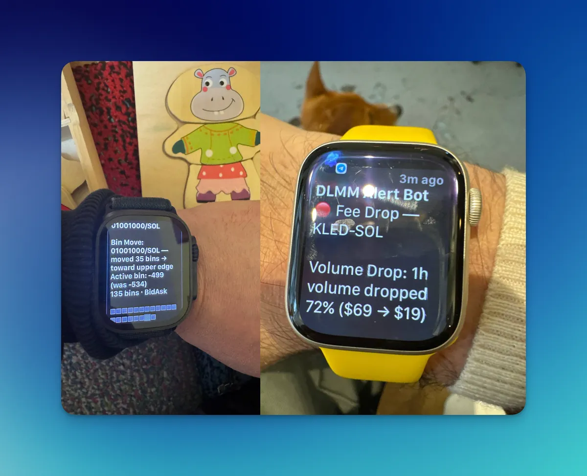 Два фото с запястья: Apple Watch показывают уведомления DLMM Alert из Telegram, обновление о движении бинов и оповещение о падении комиссий