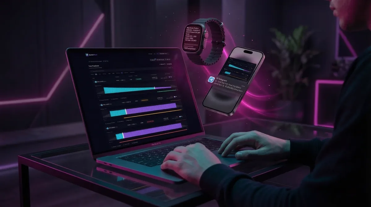 Ноутбук с открытым DLMM Alert, рядом телефон и Apple Watch, оповещения на каждом экране.
