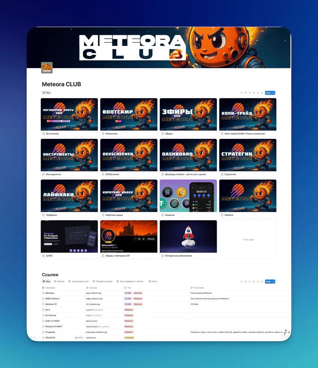 Дашборд Meteora Club в Notion со страницами про стримы, буткемпы, стратегии, инструменты и таблицей ключевых ссылок Meteora