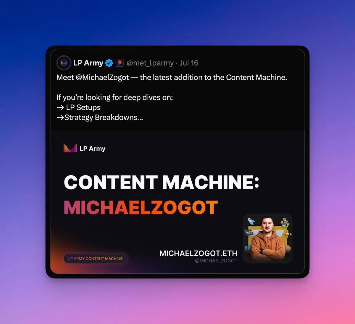 Анонс-карточка LP Army, представляющая MichaelZogot как нового Content Machine