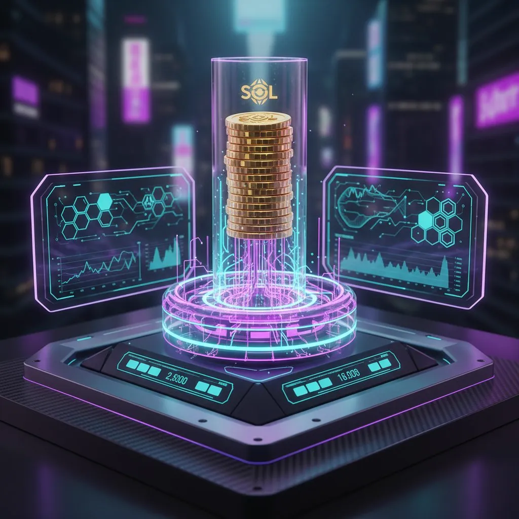 Stack of golden SOL coins on a holographic pedestal between two data screens