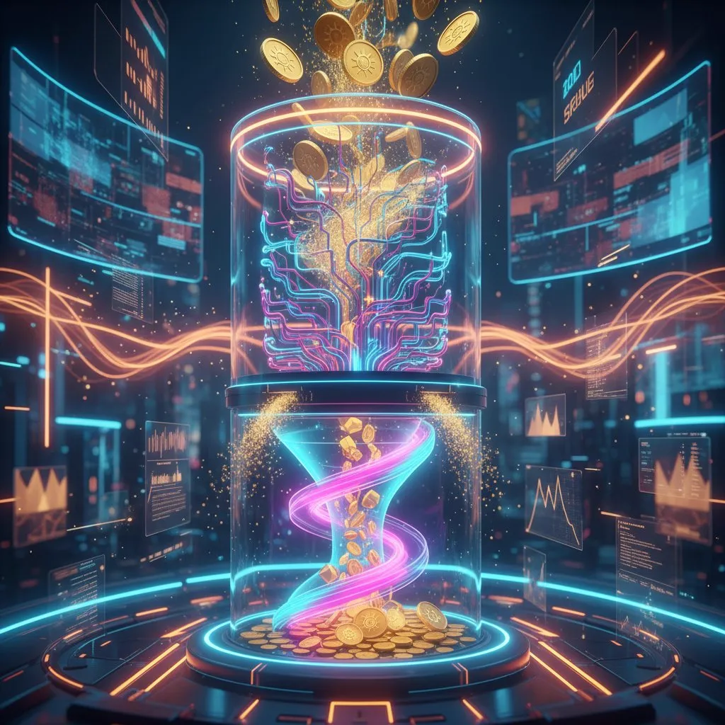 Golden coins pouring into a neon glass machine that spins them through a glowing funnel