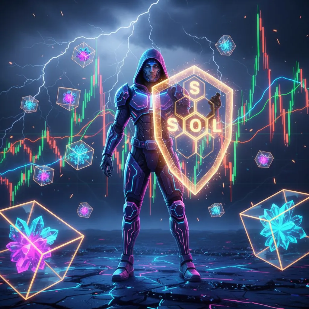 Hooded figure in neon armor holding a glowing SOL shield amid lightning and price charts