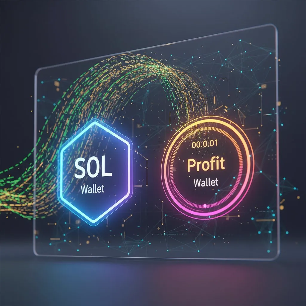 Diagram of a SOL wallet next to a separate glowing profit wallet on a glass panel