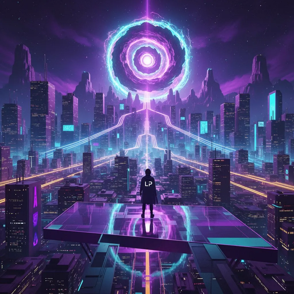 Figure in an LP cloak overlooking a neon city beneath a glowing portal