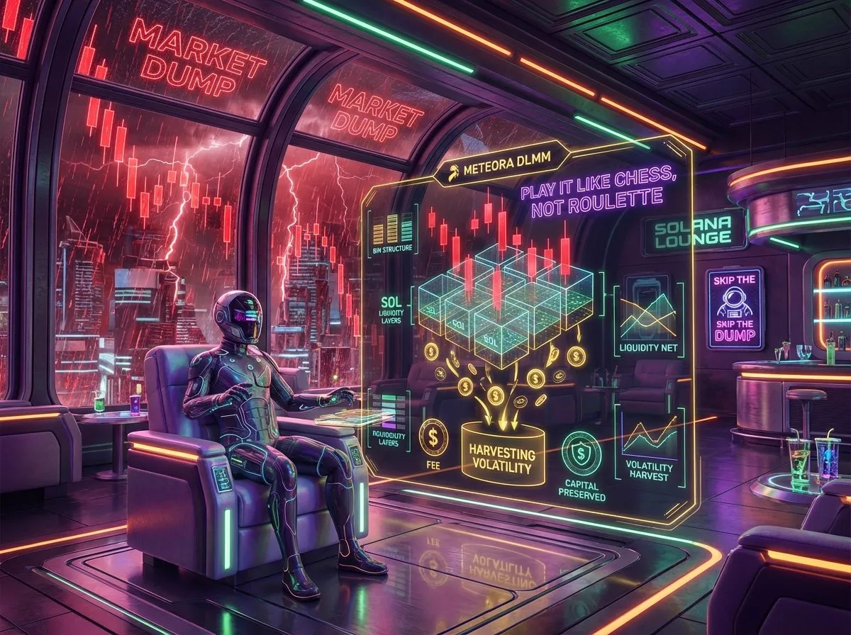 Illustration: a relaxed figure at a Meteora DLMM dashboard reading play it like chess, not roulette, while a market dump rages outside