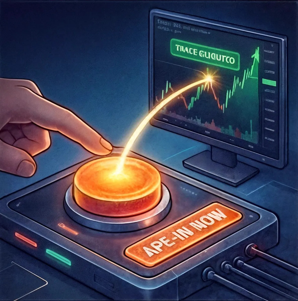 Illustration of a finger pressing a glowing Ape-In Now button in front of a monitor with a rising chart