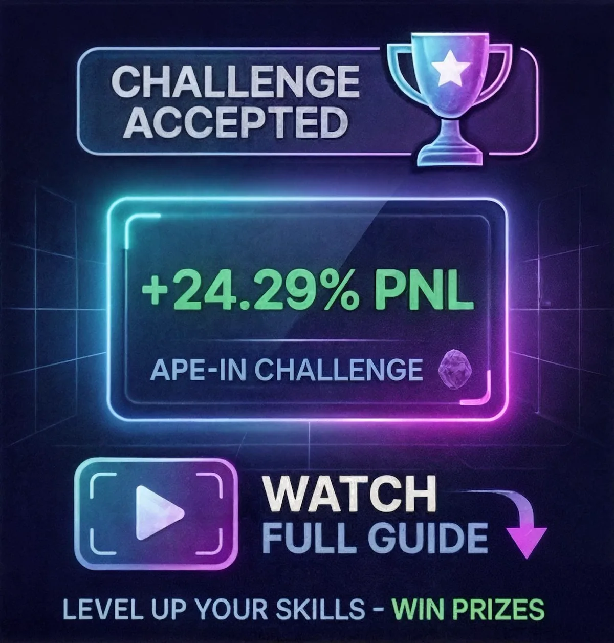 Promo graphic: Challenge Accepted, +24.29% PNL on the Ape-In Challenge, with a watch-the-full-guide prompt.