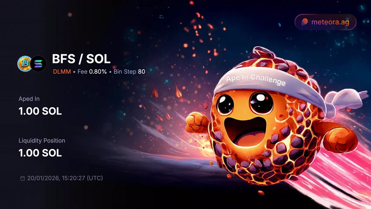 A Meteora BFS/SOL DLMM position card, 0.80% fee and bin step 80, opened with 1 SOL as the high fee-to-TVL example.