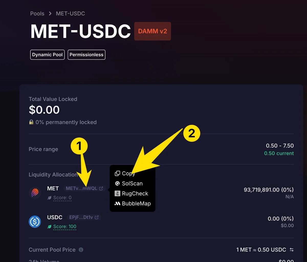 Страница пула MET-USDC: стрелки указывают на контракт-адрес MET и на опцию Copy в выпадающем меню