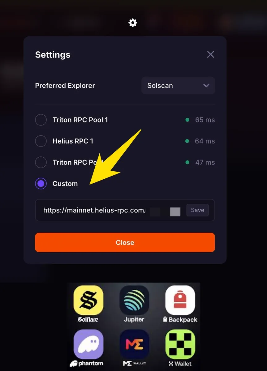 Настройки RPC в Meteora с выбранным кастомным эндпоинтом Helius, над рядом кошельков Solana: Solflare, Jupiter, Backpack и Phantom