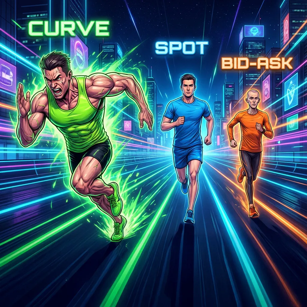 Illustration of three runners labeled Curve, Spot and Bid-Ask, with Curve sprinting ahead