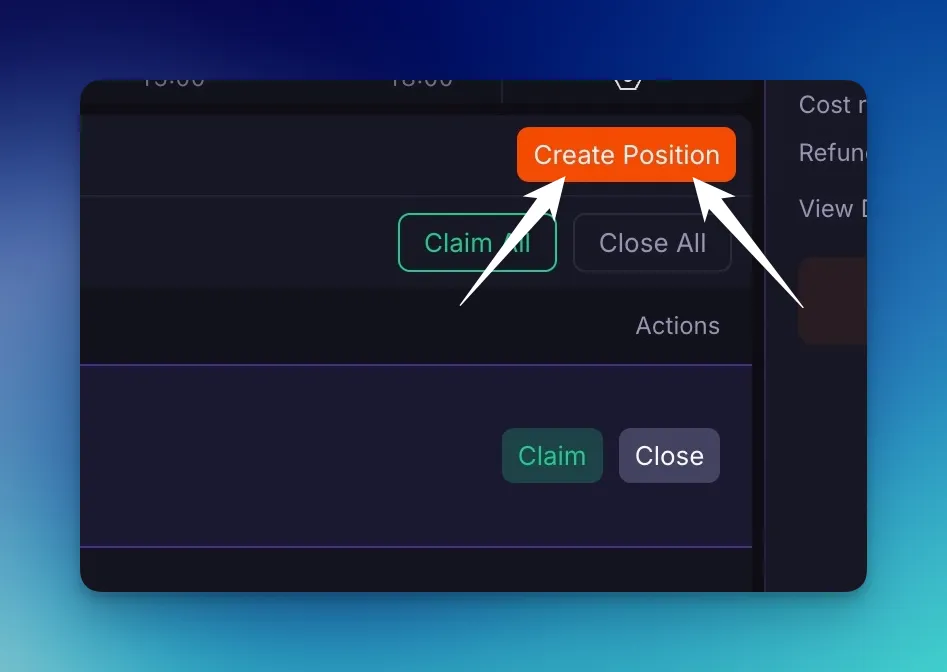 Close-up of the permanent orange Create Position button above the positions panel