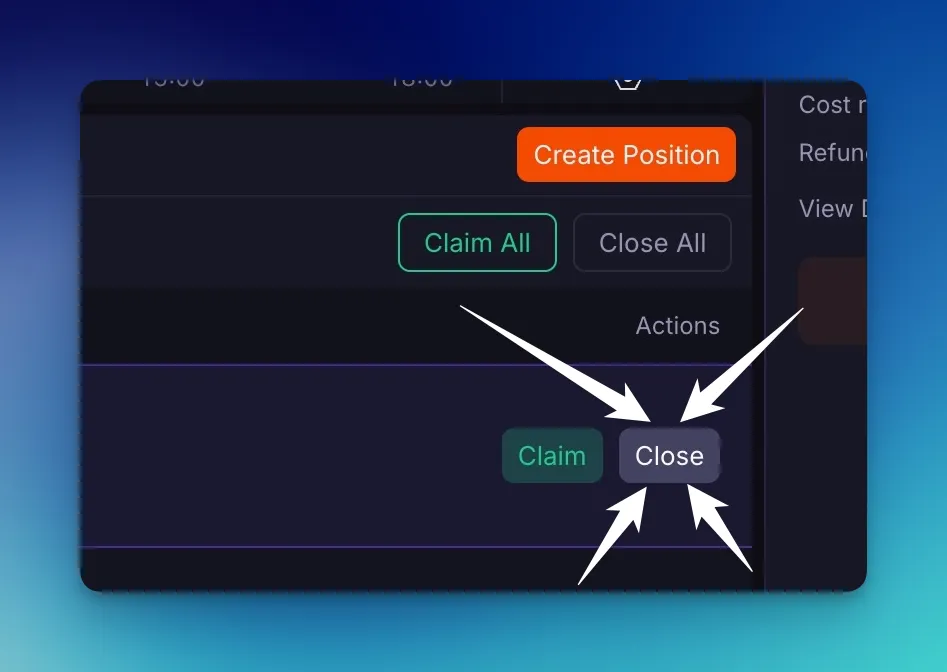 Arrows pointing at the new Close button next to Claim on a position row, with Claim All and Close All above