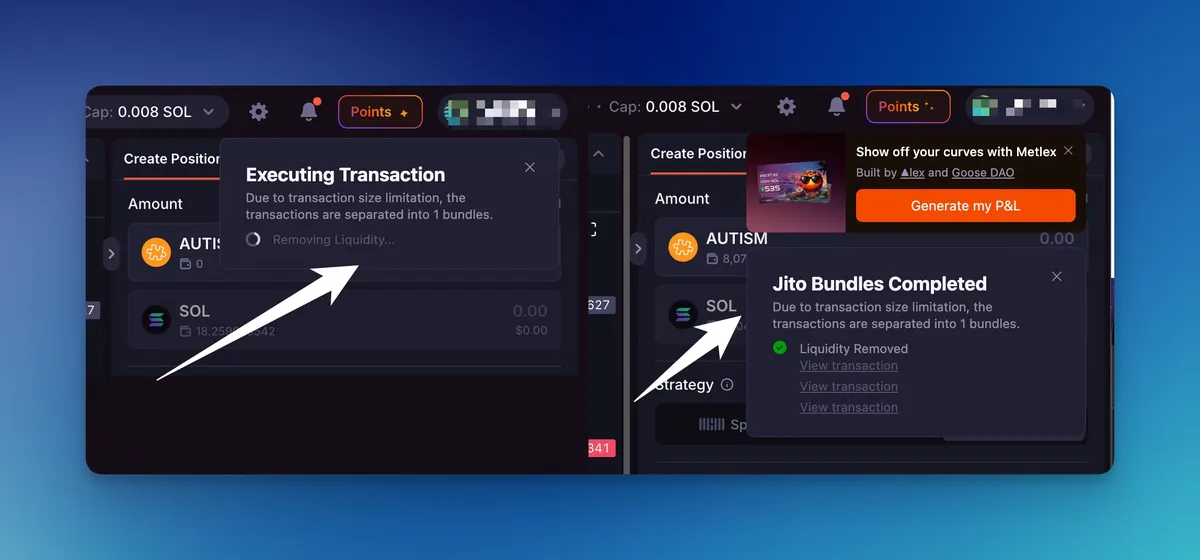 Transaction popups moved to the side: an executing transaction status and a Jito bundles completed notice with transaction links