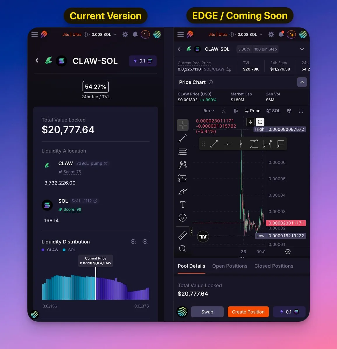 Two mobile views of the Meteora terminal side by side: the current version and the upcoming Edge version.