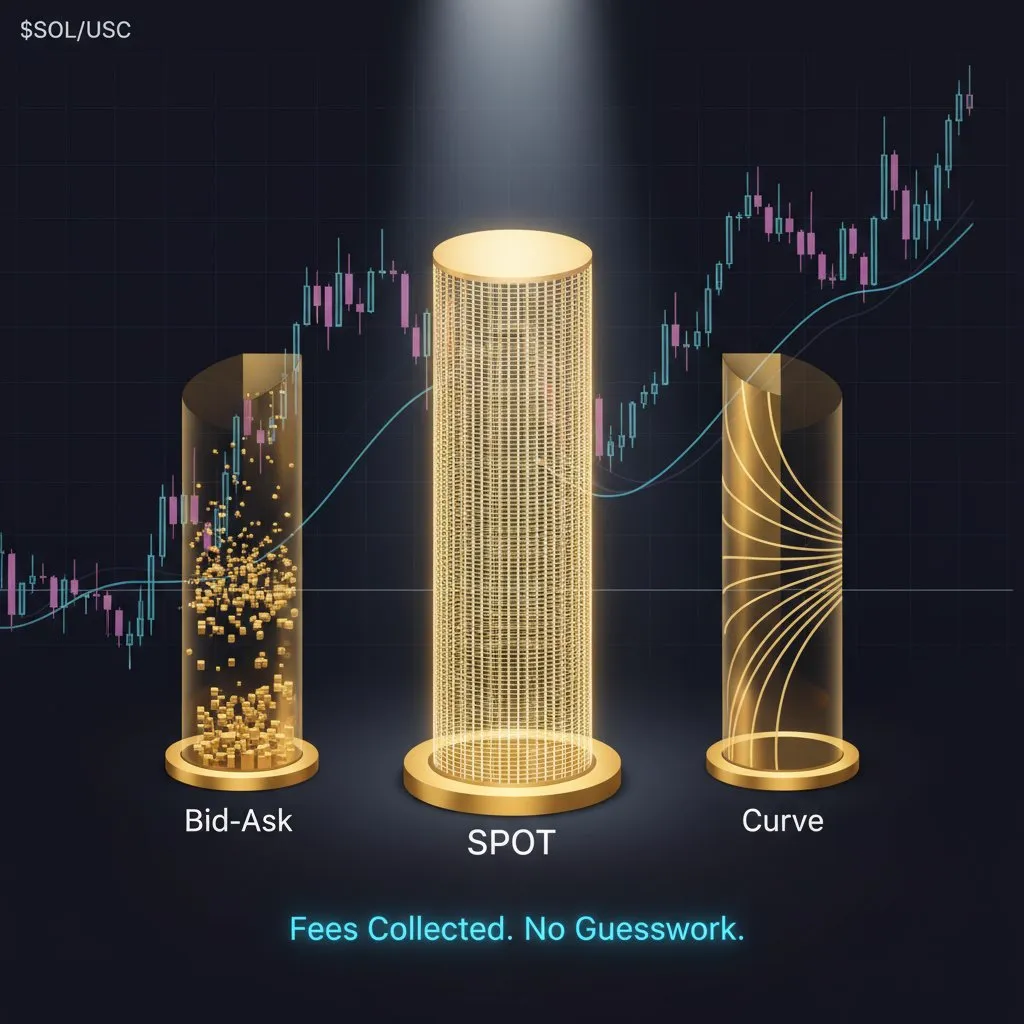Illustration of three golden columns for Bid-Ask, Spot and Curve, with the Spot column collecting the most fees