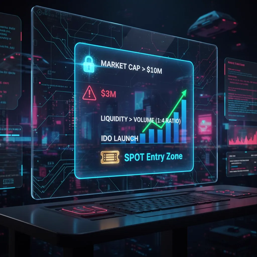 Stylized checklist on a screen: market cap above $10M, warning at $3M, liquidity-to-volume ratio of 1:4, IDO launch and a Spot entry zone
