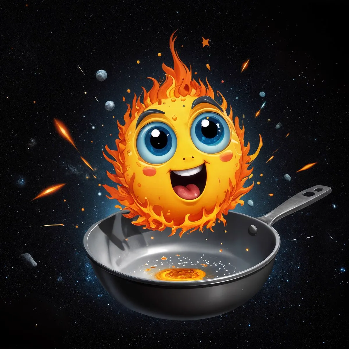 Cartoon flaming sun character hovering over a frying pan in space