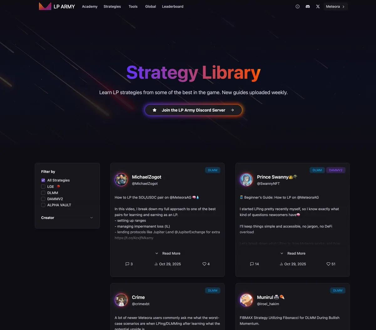 The LP Army Strategy Library page with strategy posts from community members and filters by pool type