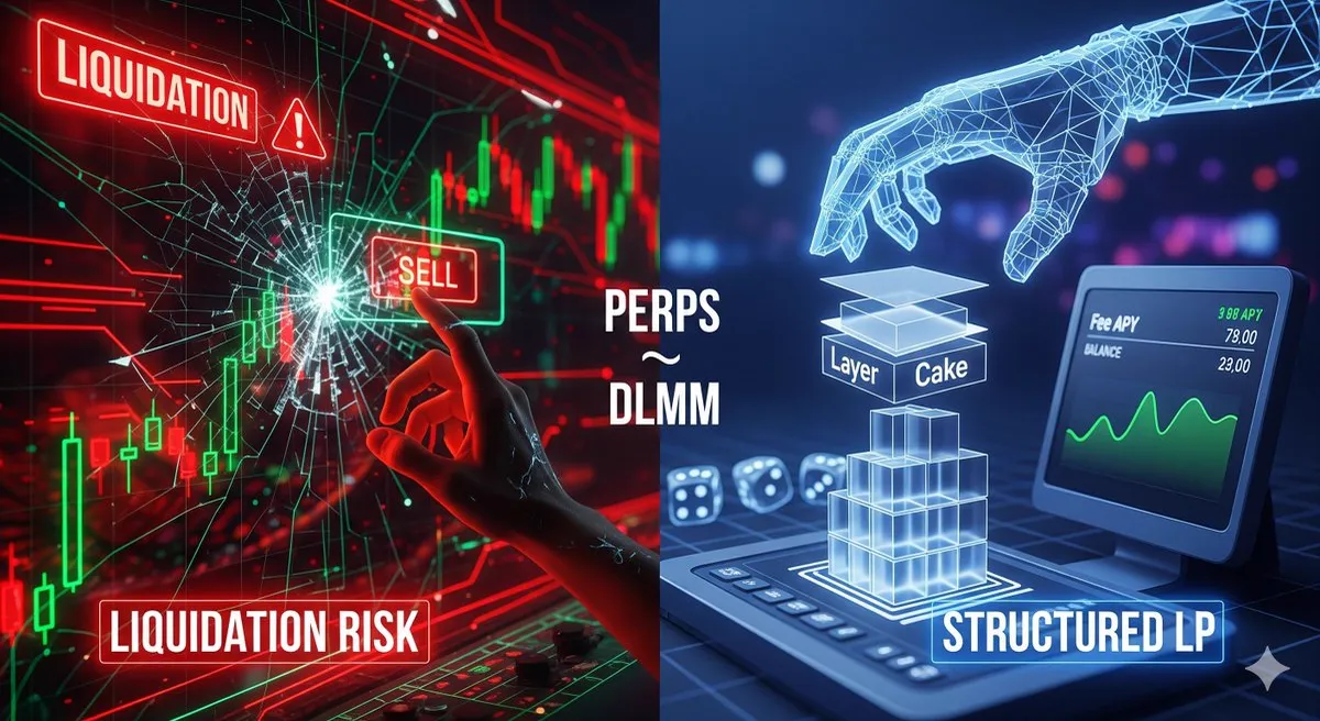 Split graphic: perps liquidation risk on the left, structured DLMM layer-cake LP on the right