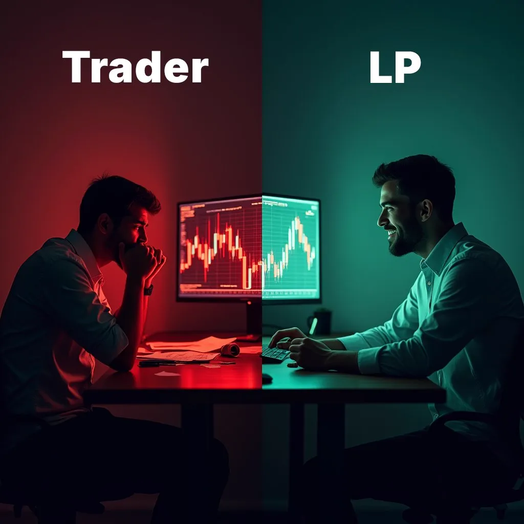 Split image: a stressed trader at a red chart versus a relaxed liquidity provider at a green one, same desk