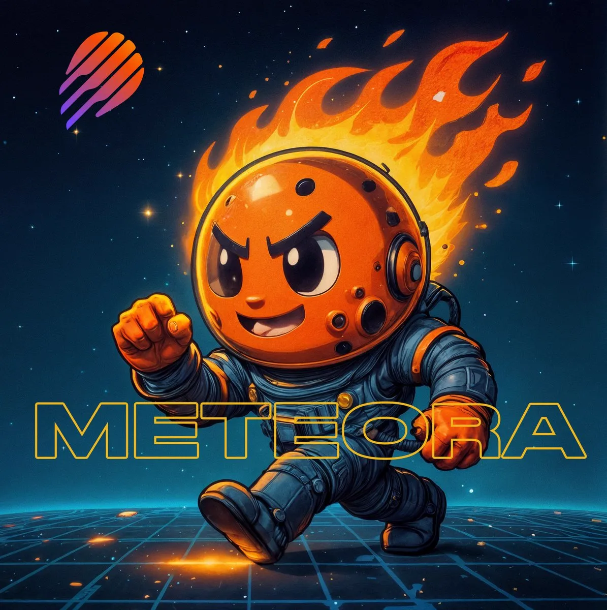Meteora astronaut mascot with a flaming helmet above the Meteora wordmark