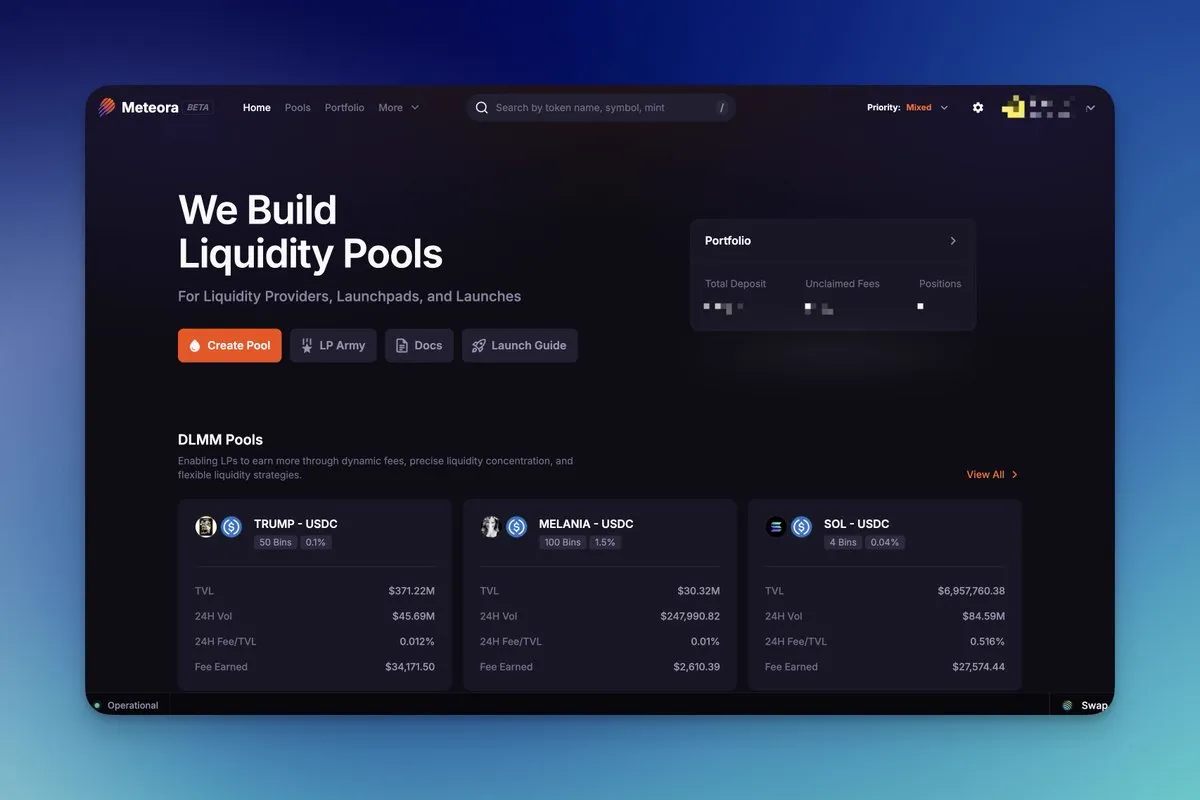 Meteora app homepage reading We Build Liquidity Pools, with DLMM pools like TRUMP-USDC, MELANIA-USDC and SOL-USDC